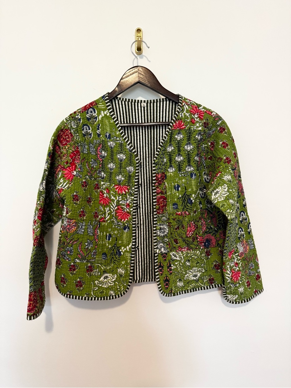 Reversible Floral Block Print Quilted Jacket Green Stripe XL